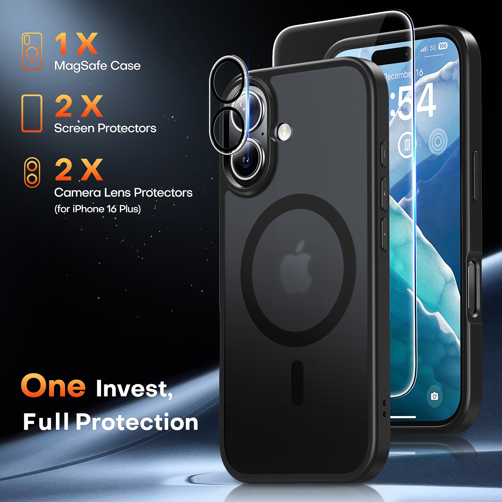 TAURI 5 in 1 for iPhone 16 Plus Case, [Compatible with MagSafe] with 2X Screen Protector +2X Camera Lens Protector, Translucent Matte Magnetic Phone Case for iPhone 16 Plus 6.7", Matte Black