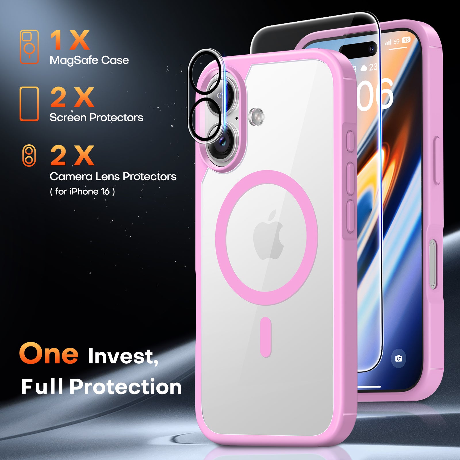 TAURI 5 in 1 for iPhone 16 Case, Compatible with MagSafe [Anti-Yellowing] with 2X Screen Protector + 2X Camera Lens Protector, Military-Grade Protection, Magnetic Phone Case for iPhone 16 6.1", Pink