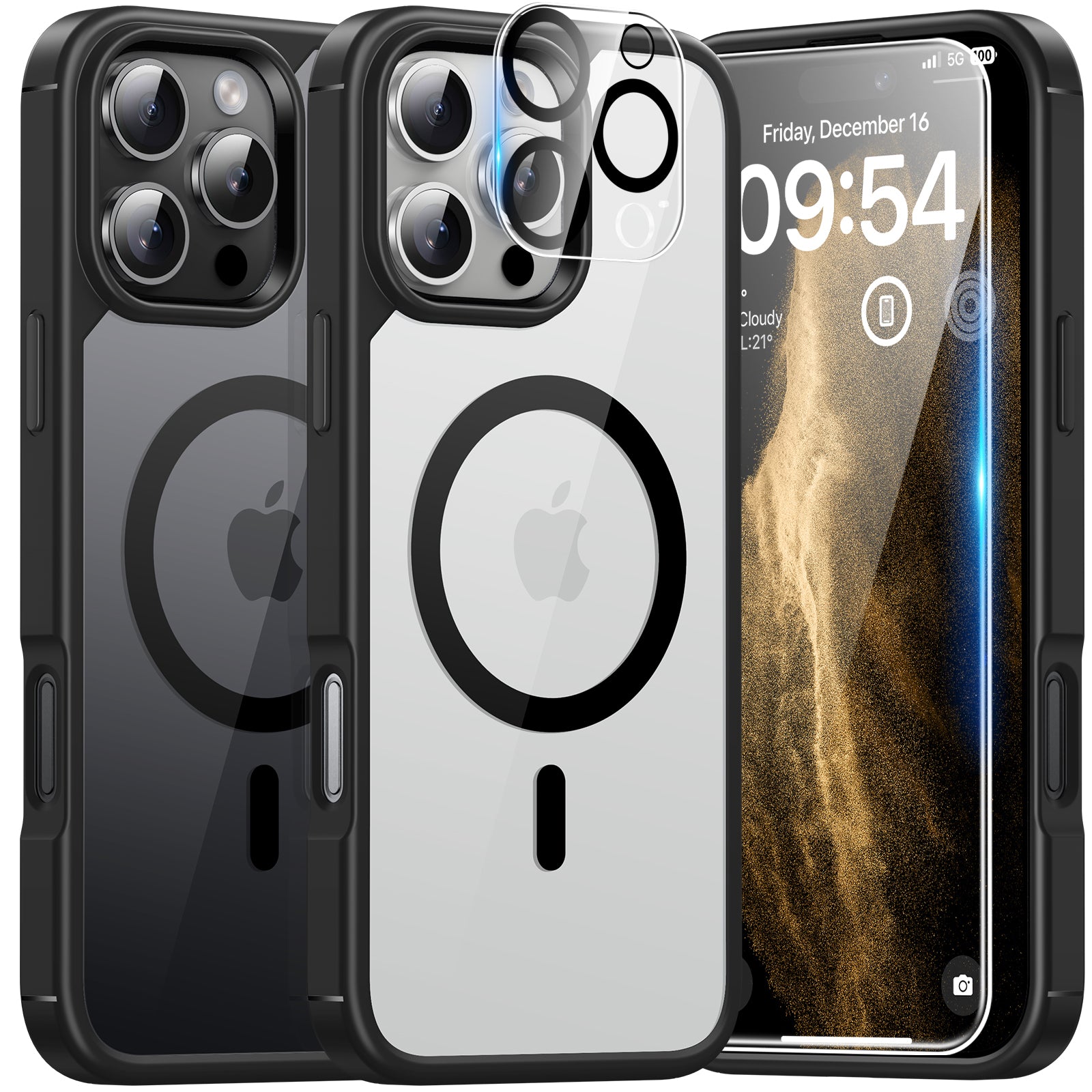 TAURI 5 in 1 for iPhone 16 Pro Max Case, Compatible with MagSafe [Not-Yellowing] with 2X Screen Protector + 2X Camera Lens Protector, Military-Grade Protection, Magnetic Case for 16 ProMax 6.9", Black